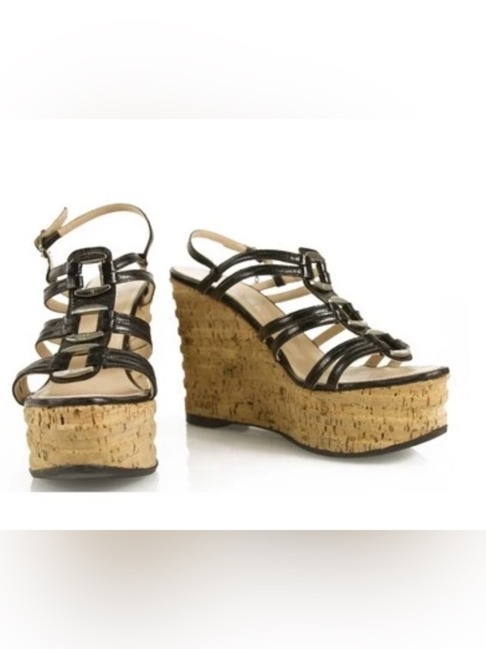 CHANEL Black Leather Strappy Cork Wedge Sandals Retail $1200